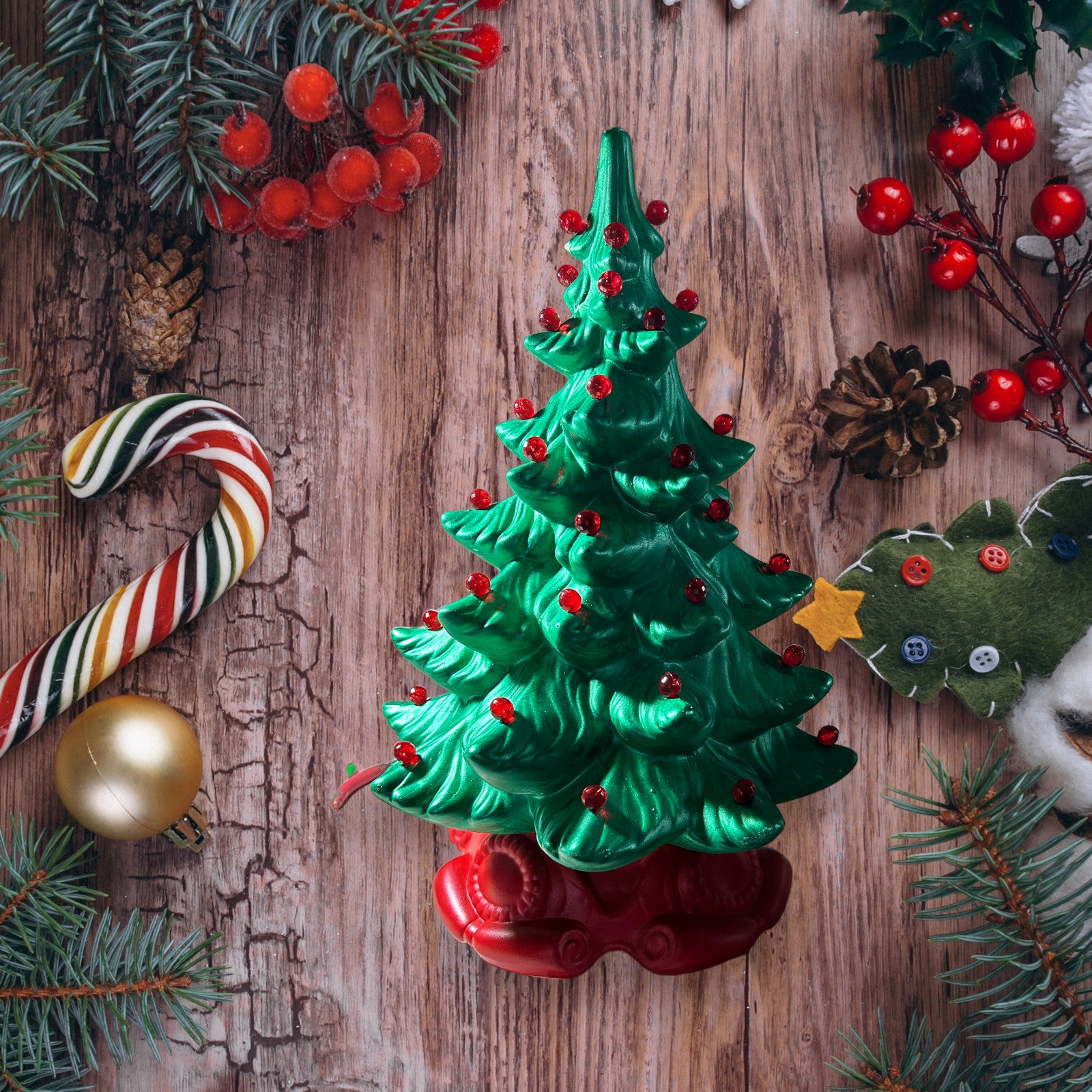 Green and Red Ceramic Christmas Tree Handmade