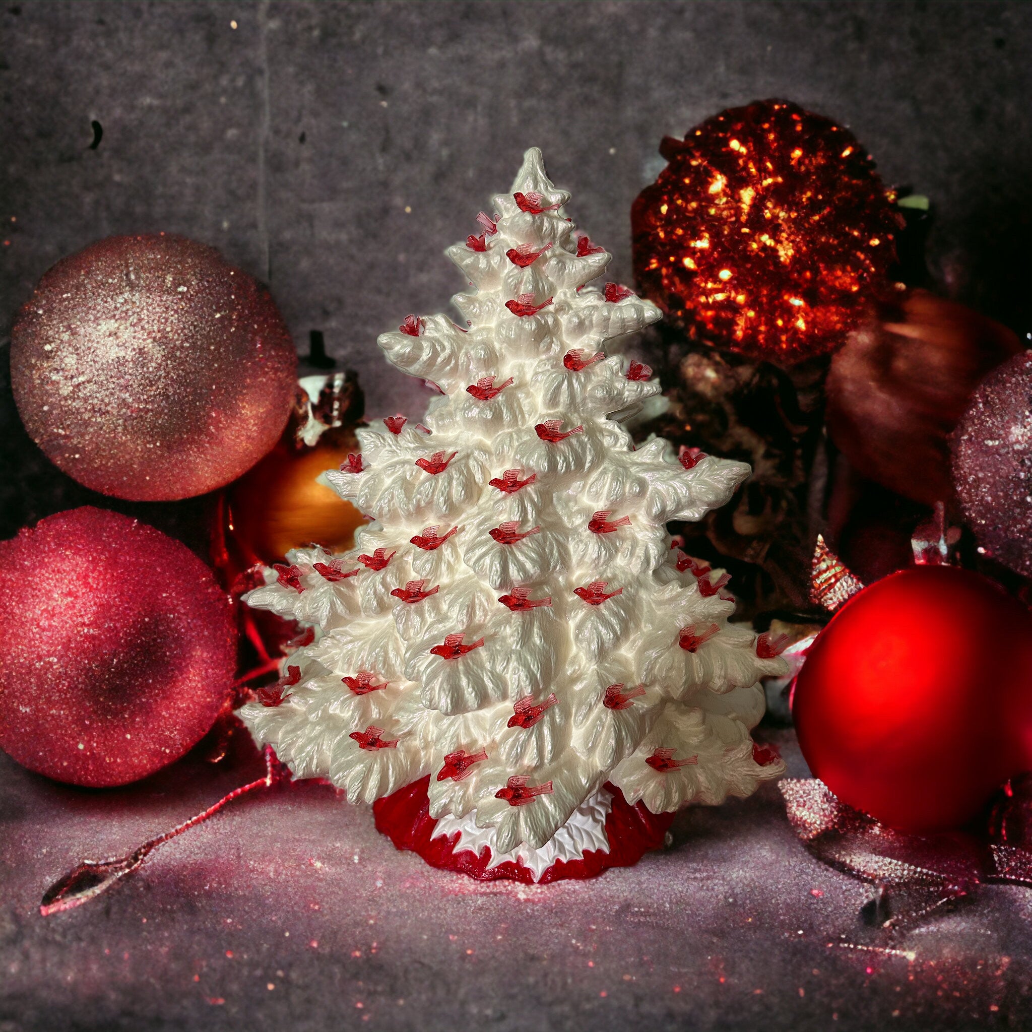 White Pearl with Red Birds Ceramic Christmas Tree Handmade